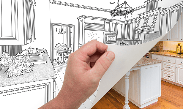 A hand holding paper over an image of a kitchen.