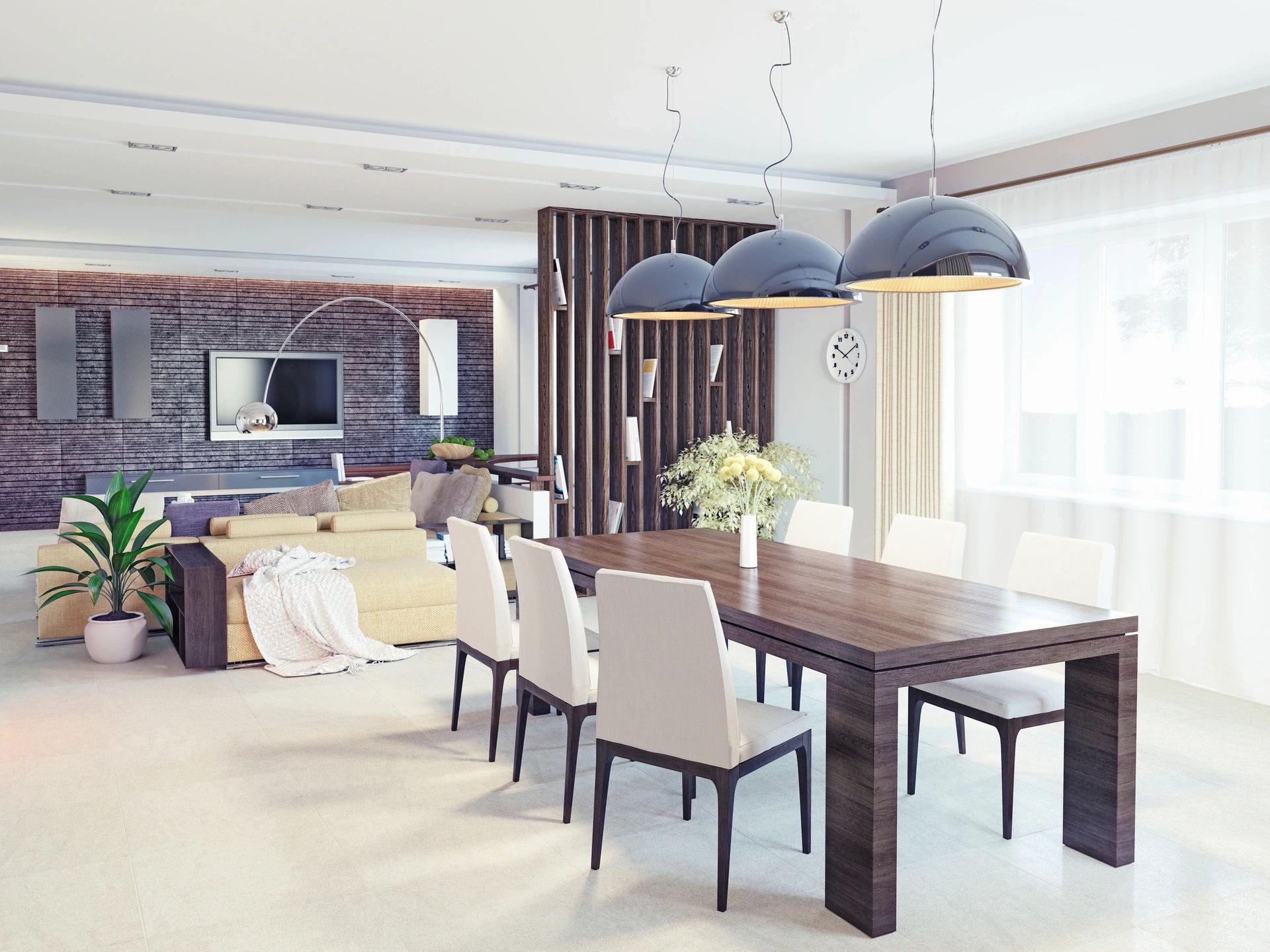 fm=f_1604 Bright dining area with dark wood table and white chairs under pendant lights.